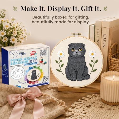 Eflin Punch Needle Kits Adults Beginner, Cute Scottish Fold Cat Punch Needle Kit for Beginners with Daisy Pattern, Natural Bamboo Hoop, Yarns, Tools, Tutorial Video, Rare Gift for Craft Kits, Decors - Image 6