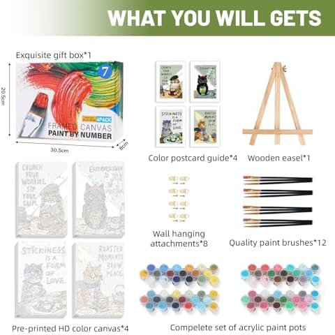 4 Pack Framed Paint by Numbers Kit for Adults Beginner with Wooden Easel, Funny Cat Easy Paint by Numbers with Frame, DIY Cute Animal Number Painting for Adults Canvas for Home Decor Gift 8x12 Inch - Image 4