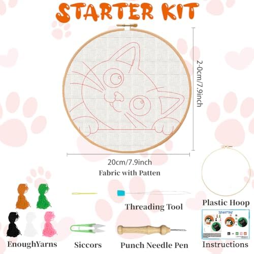 BEUNITONE 2Pcs Cute Cat Punch Needle Kit for Beginners, Starter Embroidery Kits with Frame & Instructions, Needle Felting Kit Poke Art for Adults DIY Handmade Craft for Coasters, Bags, Clothes Decor - Image 2