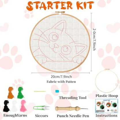 BEUNITONE 2Pcs Cute Cat Punch Needle Kit for Beginners, Starter Embroidery Kits with Frame & Instructions, Needle Felting Kit Poke Art for Adults DIY Handmade Craft for Coasters, Bags, Clothes Decor - Image 2