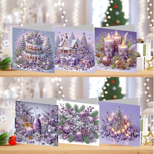 jinglinhh 6pcs Diamond Art Painting Purple Christmas House Candle Ornaments Greeting Cards with Envelopes, DIY Card Making Kits for Adults, Diamond Art Postcards Christmas Cards Craft Gifts - Image 4