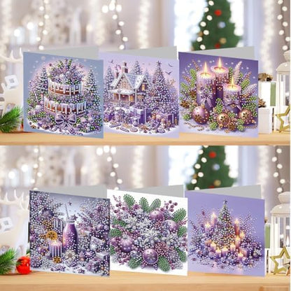 jinglinhh 6pcs Diamond Art Painting Purple Christmas House Candle Ornaments Greeting Cards with Envelopes, DIY Card Making Kits for Adults, Diamond Art Postcards Christmas Cards Craft Gifts - Image 4