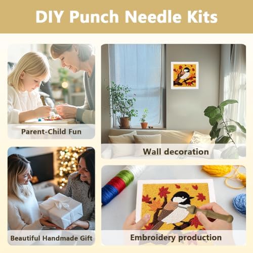 DOODLREAM Chickadee in Autumn Needle Kit for Beginner, 9.4"x 9.4" Fall Bird Punch Stitching Craft Set, DIY Embroidery Starter with Printed Frame, Instruction, Threader, Yarn, Pinch Needle - Image 4
