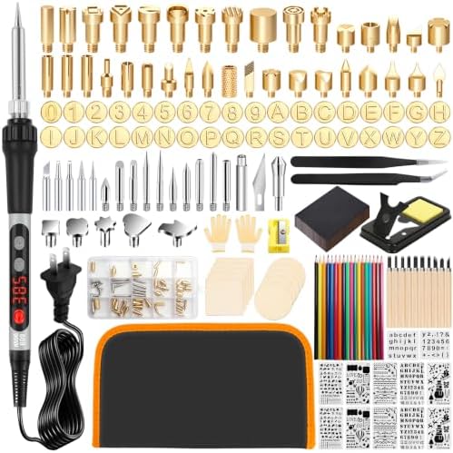 203PCS Wood Burning Kit, 100W Digital Wood Burner Tool with Adjustable Temperature, Pyrography Pen Set with 54 Tips, Letter Number Stamps, 10 Stencils, Transfer Papers, Carving Tools & Case by QLOUNI