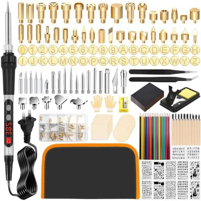 203PCS Wood Burning Kit, 100W Digital Wood Burner Tool with Adjustable Temperature, Pyrography Pen Set with 54 Tips, Letter Number Stamps, 10 Stencils, Transfer Papers, Carving Tools & Case by QLOUNI