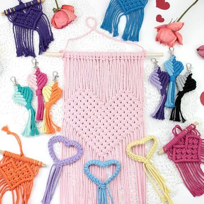 BUFANTL DIY Macrame Heart Kit for Beginners, 5-Piece Starter Set with 2 Wall Hangings, 1 Keychain & 2 Napkin Rings, Boho Weaving Craft Kit for Adults. - Image 5