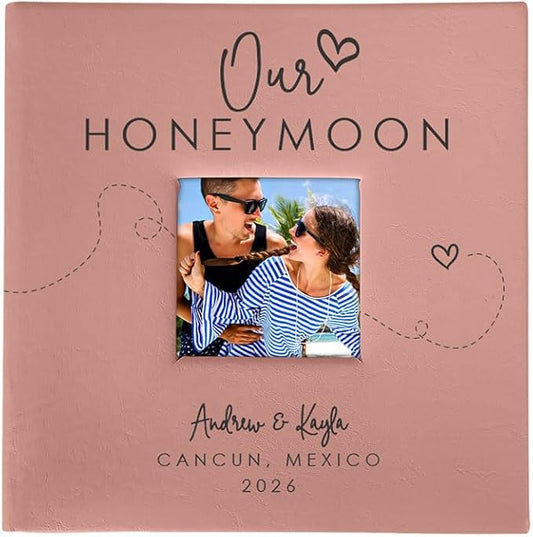 Personalized Photo Album For Newlyweds, Holds 200 4" x 6" Photos, Engraved Our Honeymoon Leatherette Photo Album, Gift For Her, Pink Photo Scrapbook, Photo Keepsake