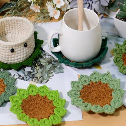 LOMOHOO Crochet Kit for Beginners, 6PCS Crochet Coasters Kit, Flower Potted Plant Crochet Kit with Crochet Hook, Colorful Yarn, Stitch Marker, Instruction, Craft Lover DIY Material Tools(Green) - Image 4