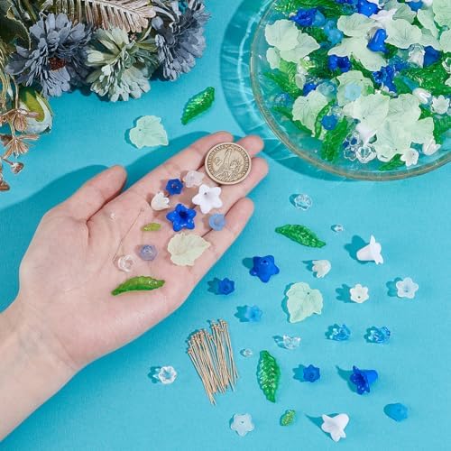 NBEADS 417 Pcs Acrylic Assorted Beads Kit, Tulip Flower Beads Caps Trumpet Flower Leaf Acrylic Pendants Leaf Loose Beads Earring Making Kit with Faceted Glass Beads Brass Ball Pins for Jewelry Making - Image 3