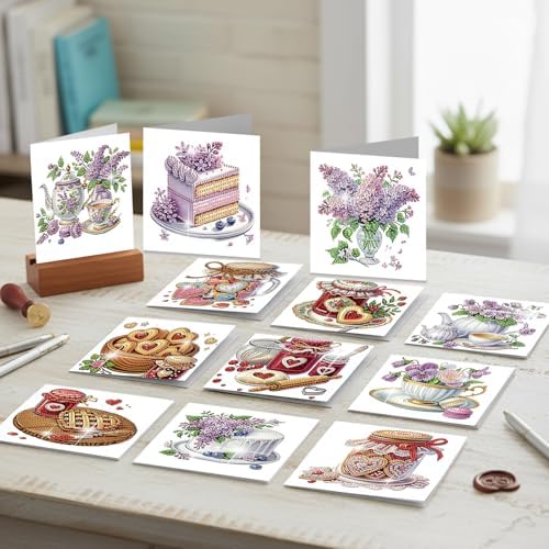 jinglinhh 12pcs Valentine's Day Diamond Art Painting Love Heart Cookies Cakes Afternoon Tea Flowers Greeting Cards with Envelopes, DIY Card Making Kits for Adults, Diamond Art Birthday Holiday Cards Craft Gifts - Image 4