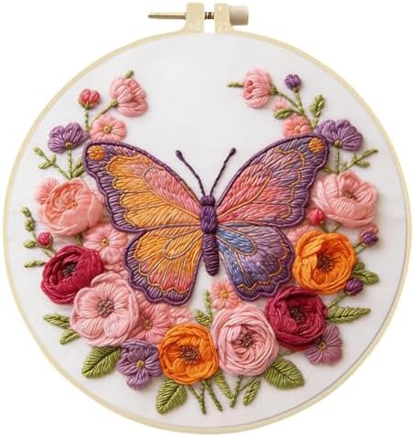 FRANDEK DIY Rose Butterfly Stamped Embroidery Kit with Hoop for Adults by FRANDEK