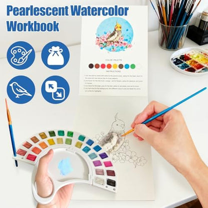 Watercolor Workbook, Water Coloring Book with 13 Pages 300GSM Paper, 26 Colors Watercolor Paint Set with Brush & Storage Bag, Beginner-Friendly Coloring Book for Adults，Birds Theme - Image 6