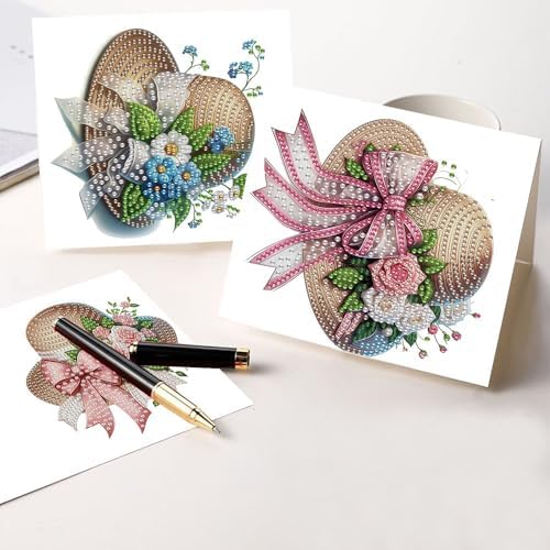 LazyFold 6Pcs DIY Diamond Art Painting Greeting Cards with Envelopes, Flower Hats All Occasion Note Card Kit for Women, Handmade Thank You Birthday Friendship Cards Gift - Image 6