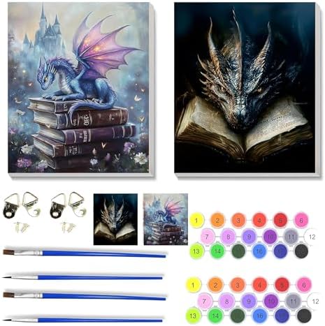 NEGEKFKX 2 Pack Dragon Paint by Numbers Kit for Adults Beginner with Framed,Flower Easy Adult Paint by Number Kits on Canvas DIY Painting for Beginners Art by Numbers for Home Wall Decor 10x12 Inch by NEGEKFKX