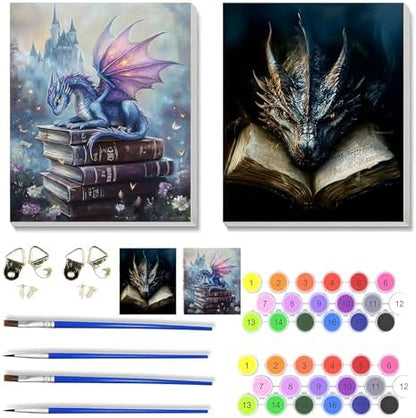 NEGEKFKX 2 Pack Dragon Paint by Numbers Kit for Adults Beginner with Framed,Flower Easy Adult Paint by Number Kits on Canvas DIY Painting for Beginners Art by Numbers for Home Wall Decor 10x12 Inch by NEGEKFKX