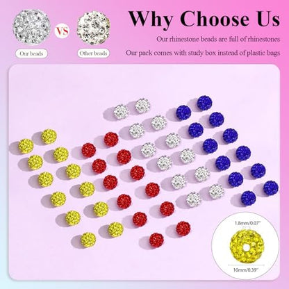 Dowarm 255PCS 10mm Rhinestone Beads for Baseball Necklace Bracelet Jewelry Making, Round Rhinestone Clay Beads for Craft Beaded Pen, Shamballa Pave Diamond, Yellow|Red|Blue|White - Image 3