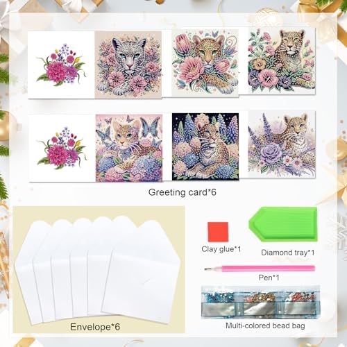 LazyFold 6 Pcs Diamond Art Painting Greeting Cards Kits, DIY Flowers and Animals Handmade Festival Greeting Cards with Envelopes Diamond Art Crafts Birthday Cards Creative Gift - Image 3