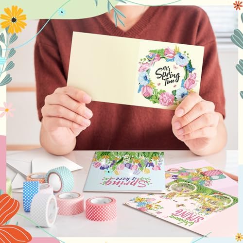 Saillong 12 Pack Spring Diamond Painting Greeting Card Kits Easter Diamond Art Cards with Envelopes Gnome Tulips Flowers 5d Rhinestones Painting Kits for Adults DIY Crafts Family Friend Spring Gifts - Image 3
