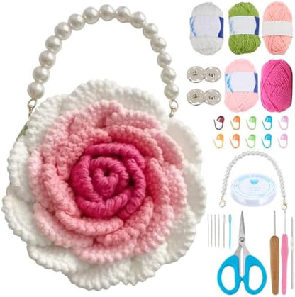 FREEBLOSS Rose Crochet Bag Kit with Video Tutorials Knitted Rose Handbag Crochet Kit for Beginners Adults Handmade Bags for Gift Adult Crafts Projects by FreeandCreativeCraftsArt