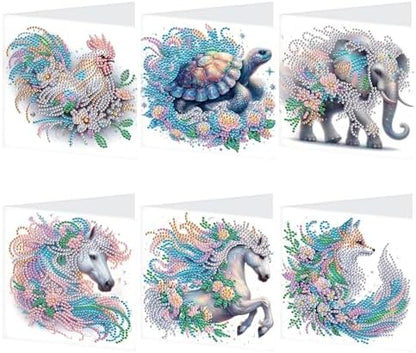 AiYuanzsh Set of 6 Animal Diamond Painting Greeting Cards - Rooster, Turtle, Elephant, Horse, and Fox Designs 5D DIY Craft Kits with Colorful Rhinestones Diamond, Perfect for Birthday and Anniversary by AiYuanzsh