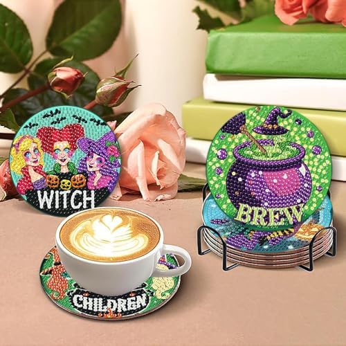 6 Pcs Diamond Paintings Coasters Kits with Holder, DIY Halloween Coaster Diamond Art Kits, Full Drill Rhinestone Painting Kits for Adults, Beginners Art Craft Supplies - Image 6
