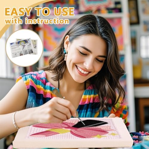 Doodlream Lipstick with Bow Needle Kit for Beginner, 9.4"x 9.4" Makeup Punch Stitching Craft Set, DIY Embroidery Starter with Printed Frame, Instruction, Threader, Yarn, Pinch Needle - Image 3