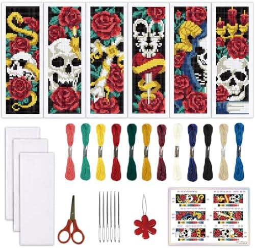 ORIGACH 6 Set Gothic Rose & Skulls Cross Stitch Bookmark Kit for Beginner by ORIGACH
