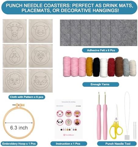 Punch Needle Coaster Kit for Adults Beginners, Easy Punch Embroidery Starter Set with Instructions – Fun Mug Rug Making Kit for Table Decor & Festival DIY Gifts (6pcs Cute Animals) - Image 3