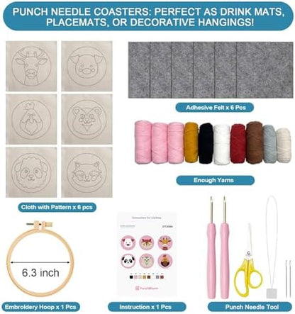 Punch Needle Coaster Kit for Adults Beginners, Easy Punch Embroidery Starter Set with Instructions – Fun Mug Rug Making Kit for Table Decor & Festival DIY Gifts (6pcs Cute Animals) - Image 3