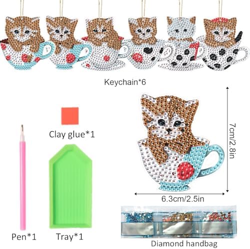 LazyFold 6Pcs Diamond Art Keychain Ornaments Kits for Adults,DIY Animals Teacup Cat Diamond Painting Keychain,Key Ring Art Pendant Tree Decor Gift（Single-Sided） - Image 2