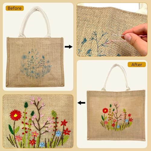 SNAIL GARDEN Linen Tote Bag DIY Embroidery Kit for Beginners with Scarf, Printed Cross Stitch Craft Kit with Thread, Needle & Guide – Reusable Grocery Bag for Women - Image 4