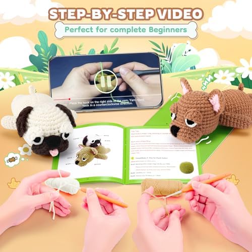 Crochet Kit for Beginners- Teacher Appreciation Gifts, 2 PCS Pug and French Bulldog Crochet Kits for Adults, Sleeping Dog Crochet Kit with Step-by-Step Video Tutorials Instructions DIY Knitting Kit - Image 2