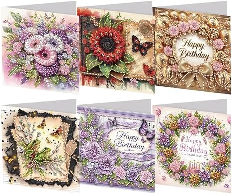 6PCS DIY Diamond Art Birthday Greeting Cards - Special Flower Pattern for AdultsSpecial Shaped Diamond Blessing Folding Card with Envelopes, Thoughtful Gift for Family Friends Partners by Unknown