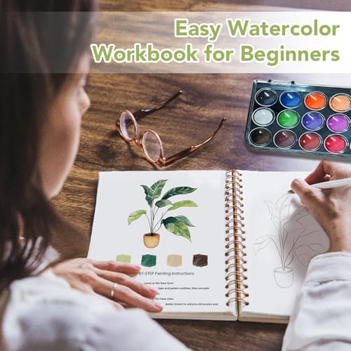 Easy Watercolor Workbook for Beginners - 12 Beautiful Step-by-Step Paintings Water Coloring Book, Includes 18 Colors Paints, Relaxing Art Projects and Creative Gift for Adults & Teen (Plants) - Image 2