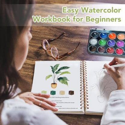 Easy Watercolor Workbook for Beginners - 12 Beautiful Step-by-Step Paintings Water Coloring Book, Includes 18 Colors Paints, Relaxing Art Projects and Creative Gift for Adults & Teen (Plants) - Image 2