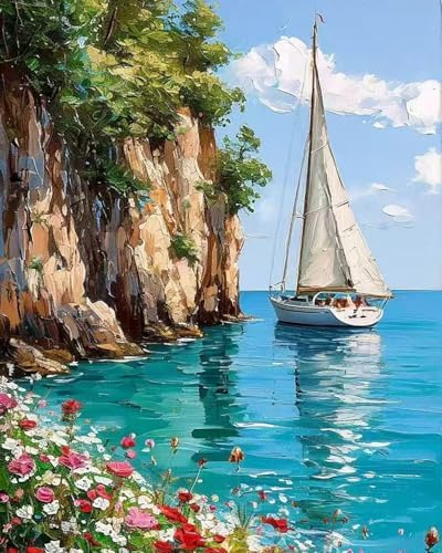 Mrnsiet Sailboat DIY Paint by Numbers for Adults, Coastal Sail Boat Paint by Number for Beginners, DIY Landscape Painting by Number Kits Oil Paint Drawing Canvas Home Decor 16x20 Inch by Mrnsiet