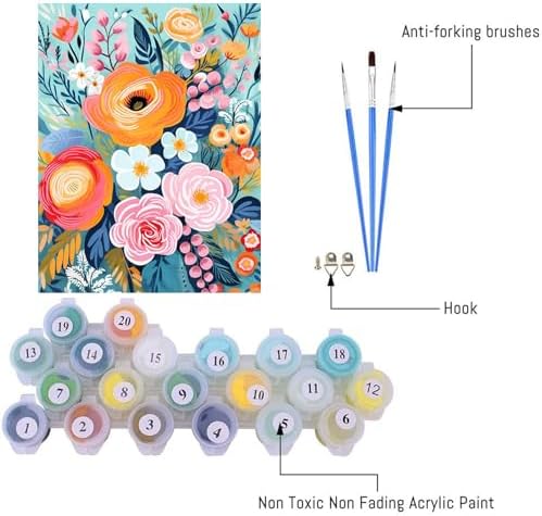 YarnMate Flowers Paint by Numbers Kit for Adults - Flowers Paint by Number on Canvas Without Frame, DIY Acrylic Painting for Gift Home Wall Decor (16x20 Inch) - Image 5