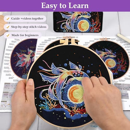 Uniartfy 3 Sets Hand Embroidery Starter Kits for Beginners Adults, Goldfish Stamped Cross Stitch Kit, DIY Needlepoint Kit with Cloth, Hoop,Threads and Instruction, Easy to Learn Embroidery Starter Kit - Image 3
