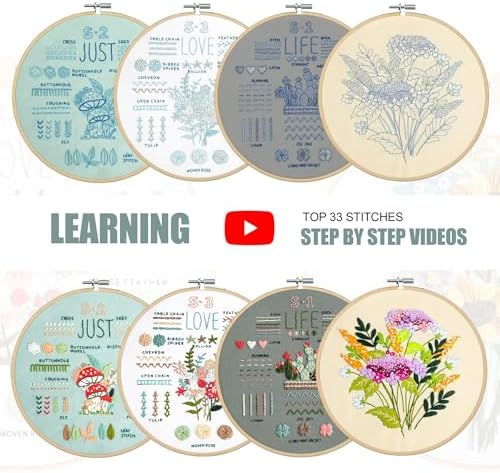 LX LERMX Embroidery Kit for Beginners Adults, 34 Stitch Techniques with Floral Patterns, Complete DIY Kit with Stamped Patterns, Hoop, Colorful Threads, Tools (Pattern 1) - Image 3