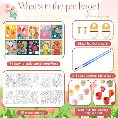 Gueevin 10 Pack Paint by Numbers Kit for Adults Flowers Paint by Number DIY Acrylic Painting Canvas Without Frame, Brushes Simple Oil Painting for Home Wall Decor Gifts 12 x 16 Inch(Bloom Style) - Image 3