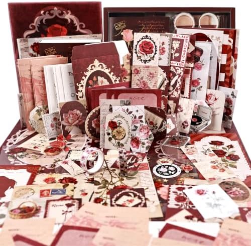 Diuhofart Crimson Rose Scrapbooking Supplies Kit, 128 Pcs Junk Journal Set by Diuhofart