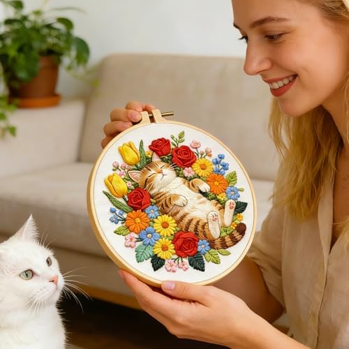 BEUNITONE 6 Set Cat and Flowers Embroidery Kit for Adults Beginners, Pre-Stamped Pattern Needlepoint Kits with Hoop, Tools, Instruction, Hand Embroidery Kits for Gifts, Fabric and Home Decor 7.9x7.9 - Image 7