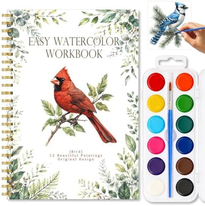 North American Bird Watercolor Workbook for Beginner, Watercolor Painting Book with 12 Different Pretty Bird Designs Include Cardinal Robin Song Birds, Water Coloring Book Set with Palette and Brush by Unknown