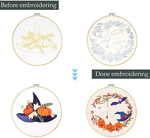 Santune 4-Pack Halloween Embroidery Kit Cross Stitch Kits for Beginners DIY Needlepoint Kit with 4 Embroidery Clothes Featuring Pumpkin Patterns,2 Hoops,Color Threads,Needles - Image 3