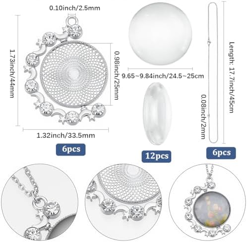 24Pcs 6 Sets Cabochon Necklace Kit Round Bezel Pendant Trays with Glass Cabochons Chain Double Sided Rhinestone Rotatable Charm for Jewelry Making Supplies DIY Necklace Birthday Gift Adults - Image 2