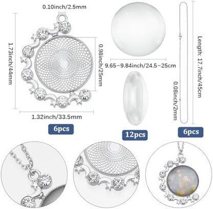 24Pcs 6 Sets Cabochon Necklace Kit Round Bezel Pendant Trays with Glass Cabochons Chain Double Sided Rhinestone Rotatable Charm for Jewelry Making Supplies DIY Necklace Birthday Gift Adults - Image 2
