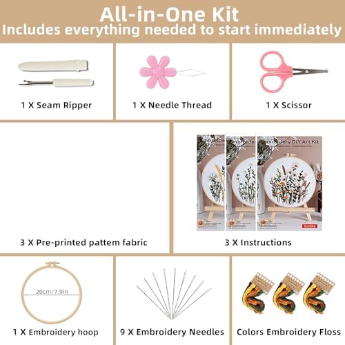 Herdiese Embroidery Kit for Beginners with 3 Floral Patterns - Image 2