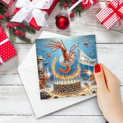 jinglinhh 6pcs Diamond Art Painting Birthday Cake Ocean Lobster Shark Dolphin Sea Turtle Shark Greeting Cards with Envelopes, DIY Card Making Kits for Adults, Diamond Art Christmas Cards Craft Gifts - Image 5