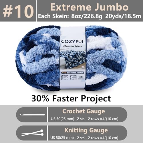Cozyful Chunky Yarn for Hand Knitting - #10 Chunky Chenille Blanket Yarn, Jumbo Big Thick Chunky Yarns for Crocheting, Tie Dye Bulky Knit Yarns, 8 Skein (20 yds 8 oz Each Skein), Multi Blue & White - Image 2