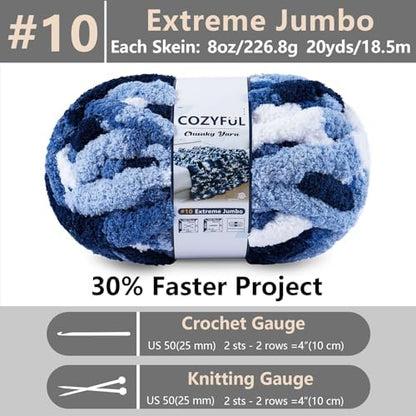 Cozyful Chunky Yarn for Hand Knitting - #10 Chunky Chenille Blanket Yarn, Jumbo Big Thick Chunky Yarns for Crocheting, Tie Dye Bulky Knit Yarns, 8 Skein (20 yds 8 oz Each Skein), Multi Blue & White - Image 2